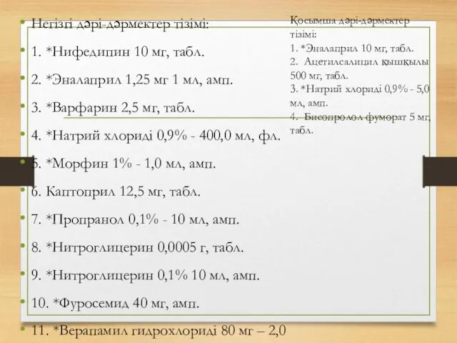 Негізгі дəрі-дəрмектер тізімі: 1. *Нифедипин 10 мг, табл. 2. *Эналаприл