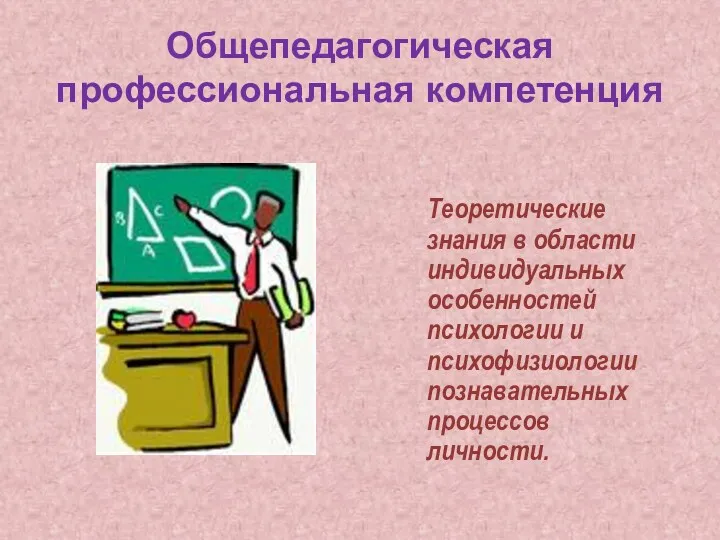 Общепедагогическая профессиональная компетенция Теоретические знания в области индивидуальных особенностей психологии и психофизиологии познавательных процессов личности.