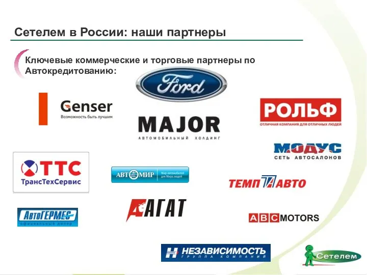 Ключевые коммерческие и торговые партнеры по Автокредитованию: Сетелем в России: наши партнеры