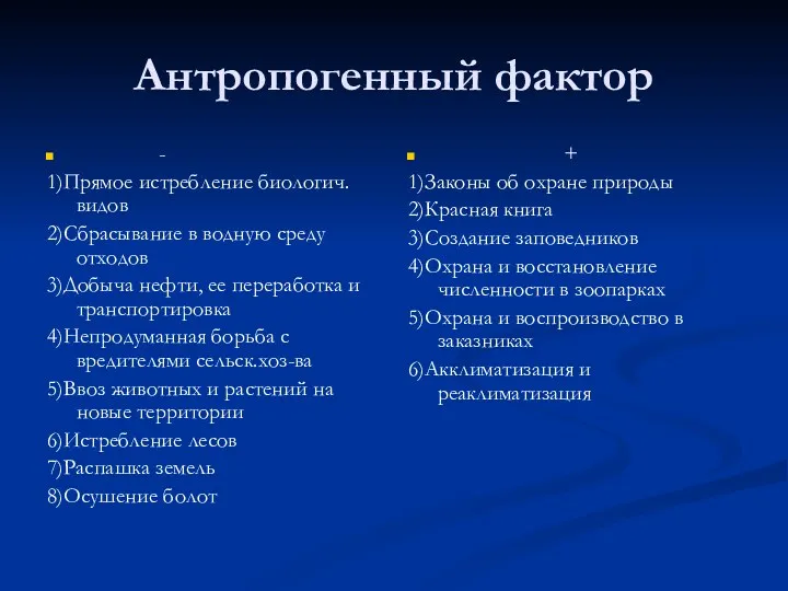 Антропогенный фактор - 1)Прямое истребление биологич.видов 2)Сбрасывание в водную среду