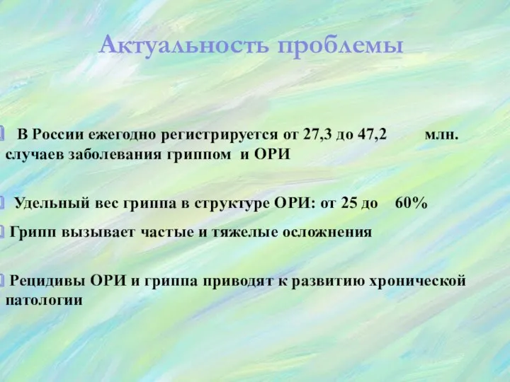 Актуальность проблемы В России ежегодно регистрируется от 27,3 до 47,2