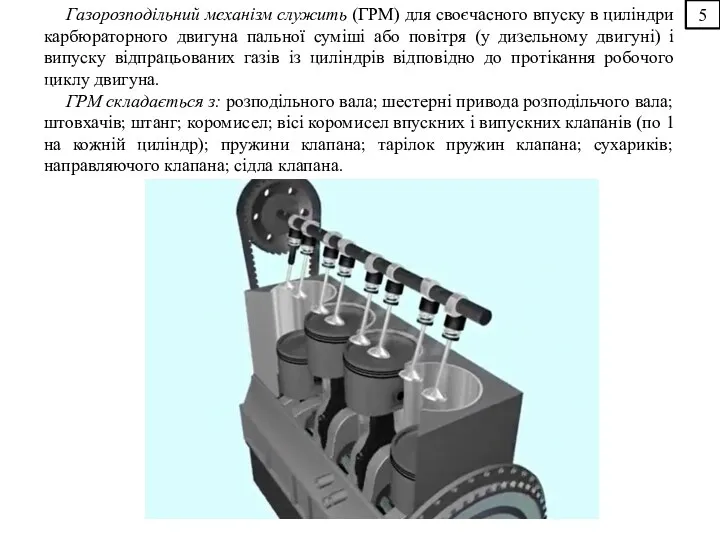 5 Газорозподільний механізм служить (ГРМ) для своєчасного впуску в циліндри