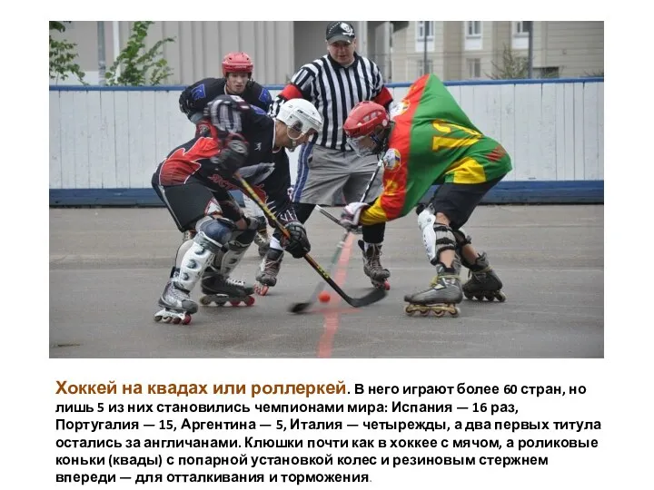 Хоккей на квадах или роллеркей. В него играют более 60 стран, но лишь