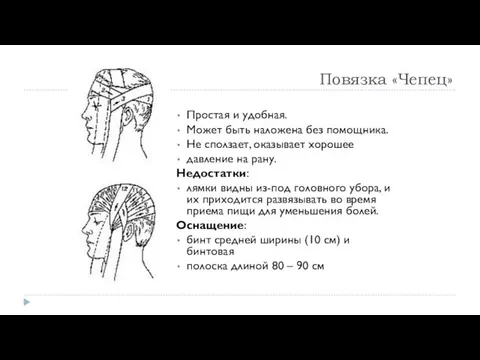 Повязка «Чепец» Простая и удобная. Может быть наложена без помощника. Не сползает, оказывает