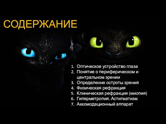 СОДЕРЖАНИЕ Оптическое устройство глаза Понятие о периферическом и центральном зрении