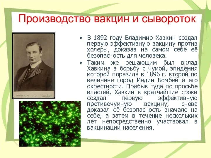 Производство вакцин и сывороток В 1892 году Владимир Хавкин создал