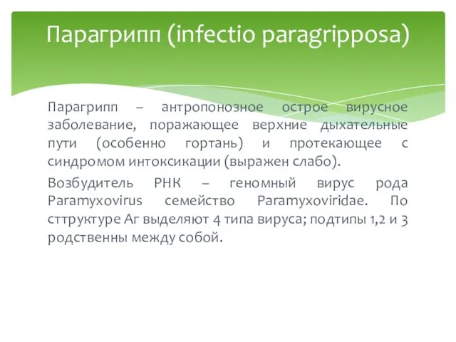 Парагрипп – антропонозное острое вирусное заболевание, поражающее верхние дыхательные пути