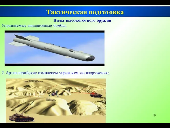 Виды высокоточного оружия Управляемые авиационные бомбы; 2. Артиллерийские комплексы управляемого вооружения; Тактическая подготовка
