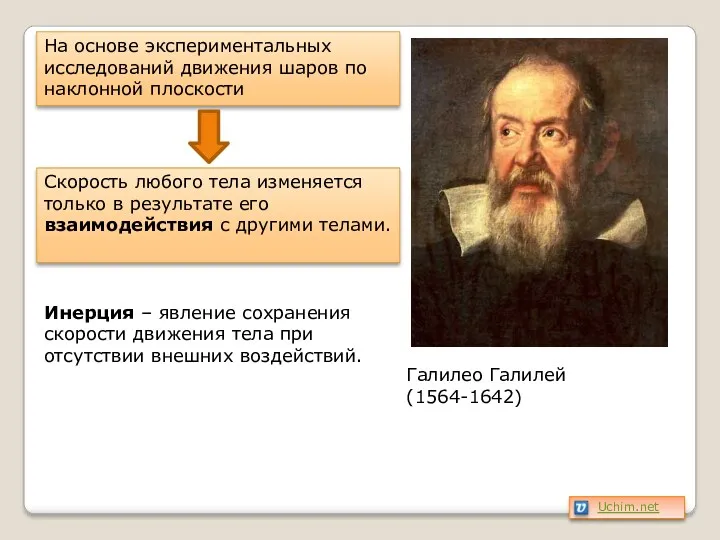 Галилео Галилей (1564-1642) На основе экспериментальных исследований движения шаров по