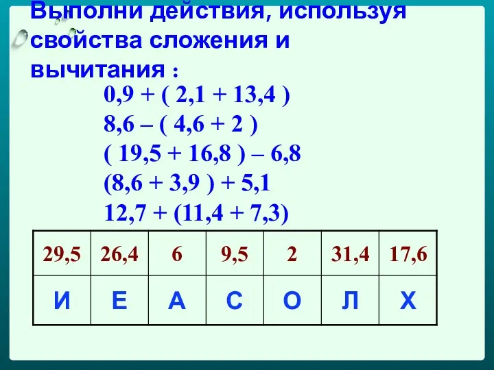 Выполни действия, используя свойства сложения и вычитания : 0,9 +