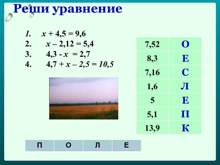 Реши уравнение x + 4,5 = 9,6 x – 2,12