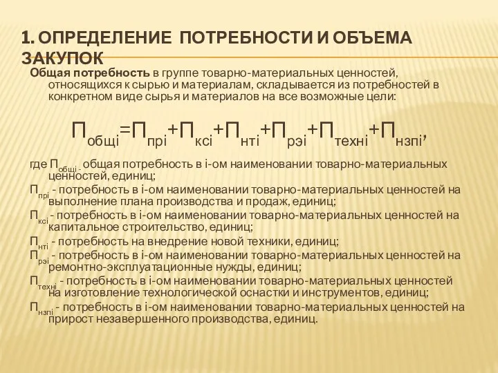 1. ОПРЕДЕЛЕНИЕ ПОТРЕБНОСТИ И ОБЪЕМА ЗАКУПОК Общая потребность в группе товарно-материальных ценностей, относящихся