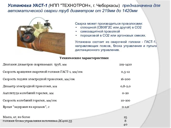 Установка УАСТ-1 (НПП "ТЕХНОТРОН«, г. Чеборкасы) предназначена для автоматической сварки труб диаметром от