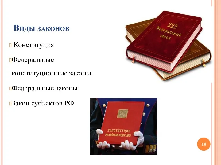 Виды законов Конституция Федеральные конституционные законы Федеральные законы Закон субъектов РФ