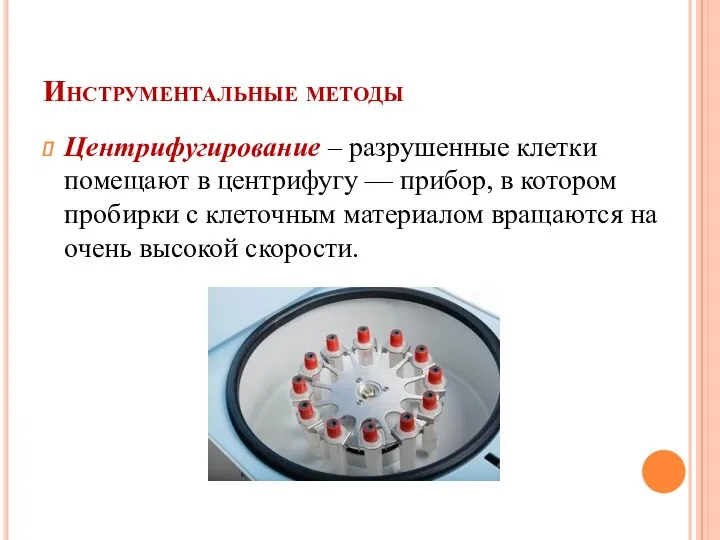 Инструментальные методы Центрифугирование – разрушенные клетки помещают в центрифугу —