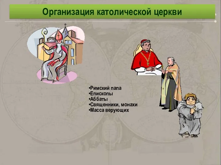 Организация католической церкви Римский папа Епископы Аббаты Священники, монахи Масса верующих