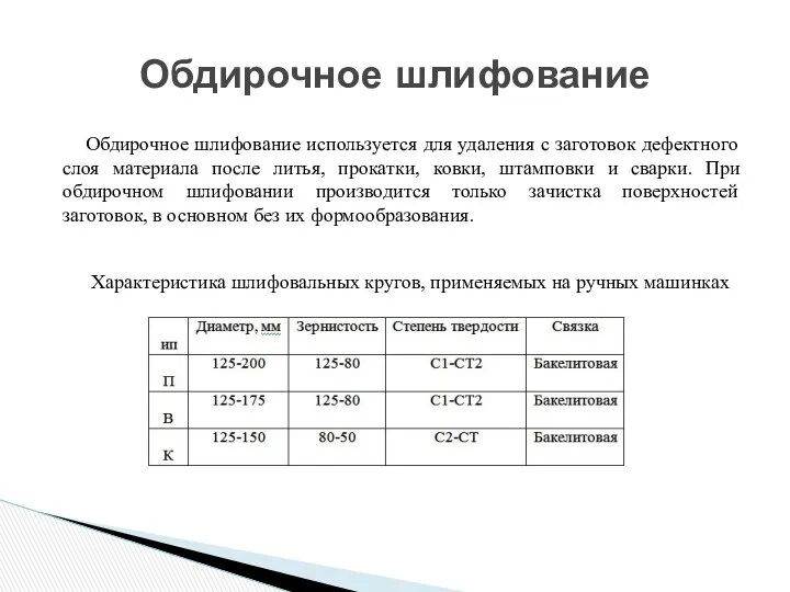 Обдирочное шлифование используется для удаления с заготовок дефектного слоя материала