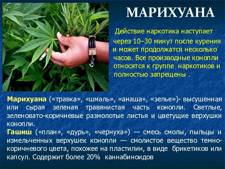 МАРИХУАНА Действие наркотика наступает через 10–30 минут после курения и