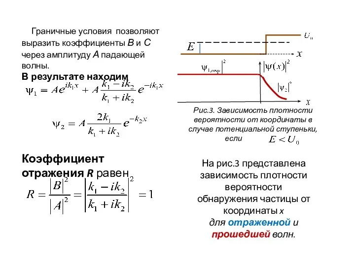 На рис.3 представлена зависимость плотности вероятности обнаружения частицы от координаты x для отраженной и прошедшей волн.