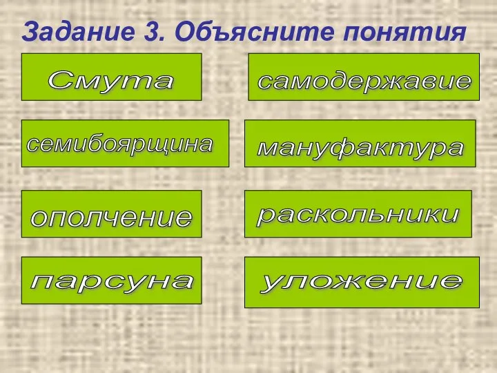 Задание 3. Объясните понятия Смута семибоярщина ополчение парсуна самодержавие мануфактура раскольники уложение