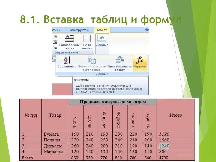 8.1. Вставка таблиц и формул