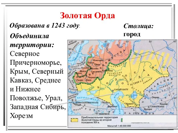 Золотая Орда Образована в 1243 году. Объединила территории: Северное Причерноморье, Крым, Северный Кавказ,
