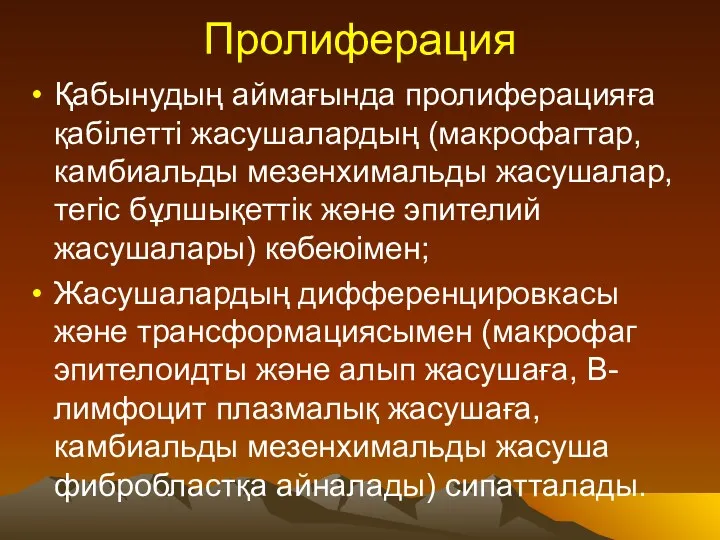 Пролиферация Қабынудың аймағында пролиферацияға қабілетті жасушалардың (макрофагтар, камбиальды мезенхимальды жасушалар,