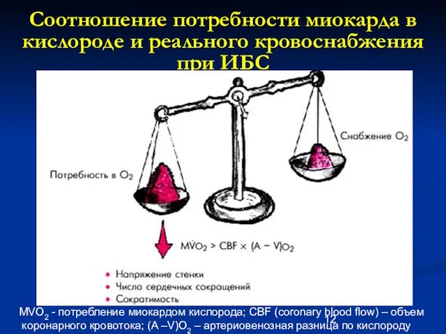 Соотношение потребности миокарда в кислороде и реального кровоснабжения при ИБС MVO2 - потребление