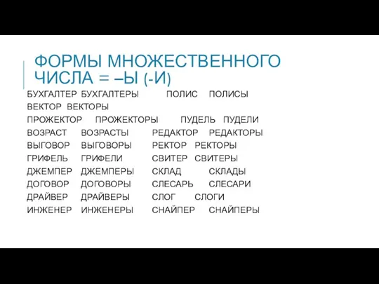 ФОРМЫ МНОЖЕСТВЕННОГО ЧИСЛА = –Ы (-И) БУХГАЛТЕР БУХГАЛТЕРЫ ПОЛИС ПОЛИСЫ ВЕКТОР ВЕКТОРЫ ПРОЖЕКТОР