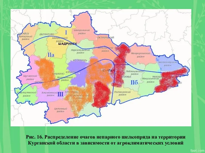 Рис. 16. Распределение очагов непарного шелкопряда на территории Курганской области в зависимости от агроклиматических условий