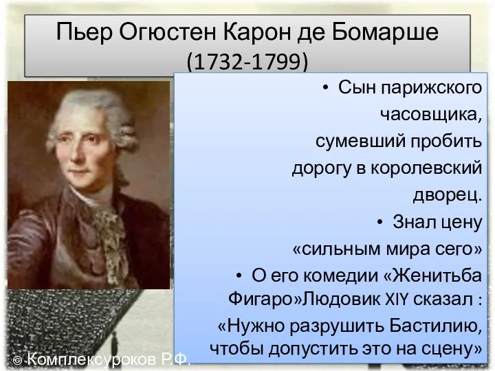 Пьер Огюстен Карон де Бомарше (1732-1799) Сын парижского часовщика, сумевший