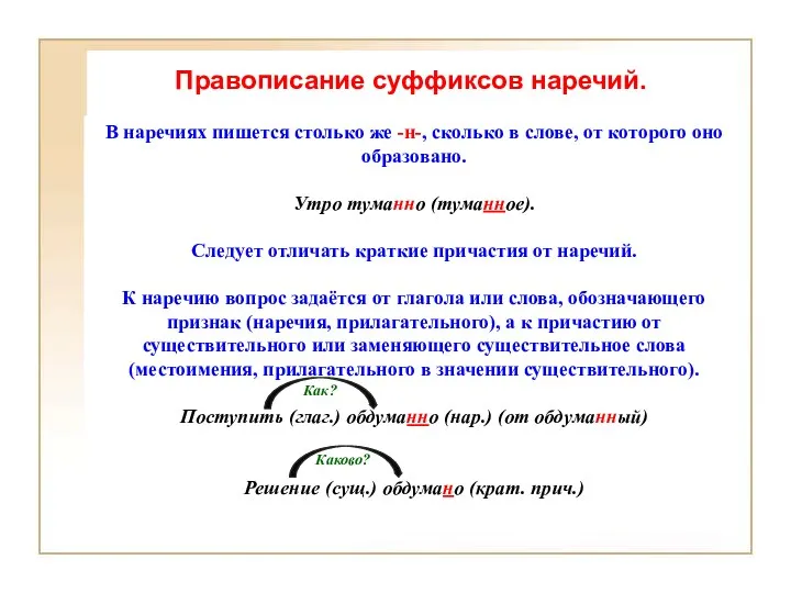 Правописание суффиксов наречий. В наречиях пишется столько же -н-, сколько