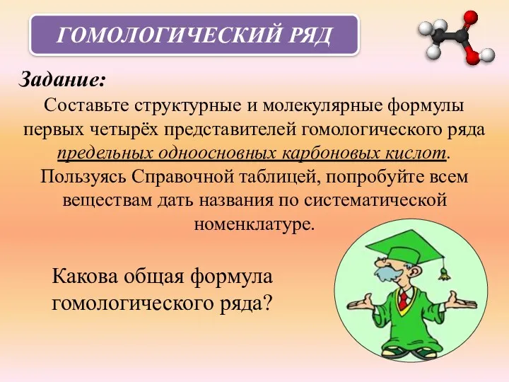 ГОМОЛОГИЧЕСКИЙ РЯД Задание: Составьте структурные и молекулярные формулы первых четырёх