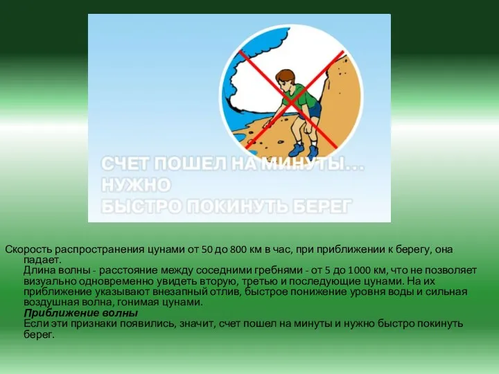 Скорость распространения цунами от 50 до 800 км в час,