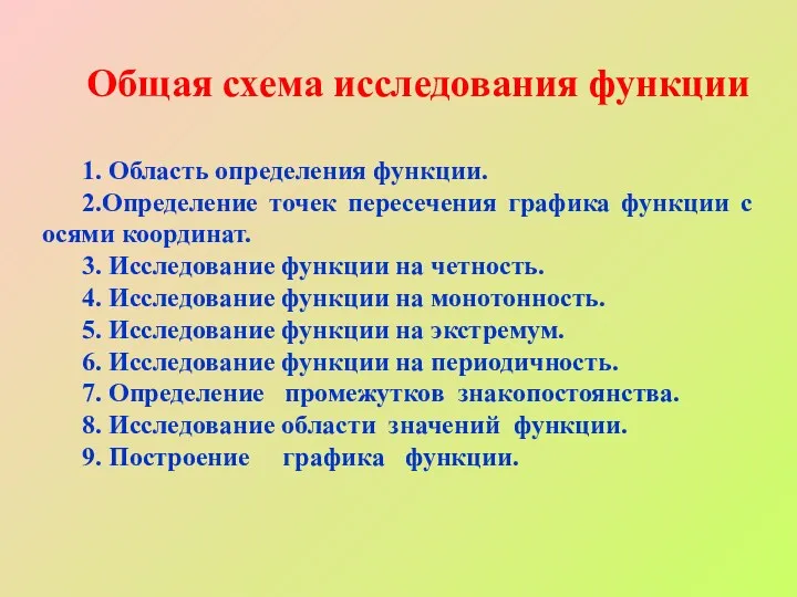 Общая схема исследования функции 1. Область определения функции. 2.Определение точек