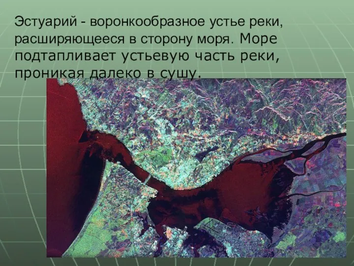 Эстуарий - воронкообразное устье реки, расширяющееся в сторону моря. Море