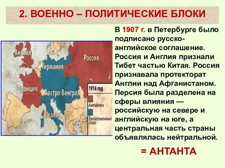 2. ВОЕННО – ПОЛИТИЧЕСКИЕ БЛОКИ В 1907 г. в Петербурге