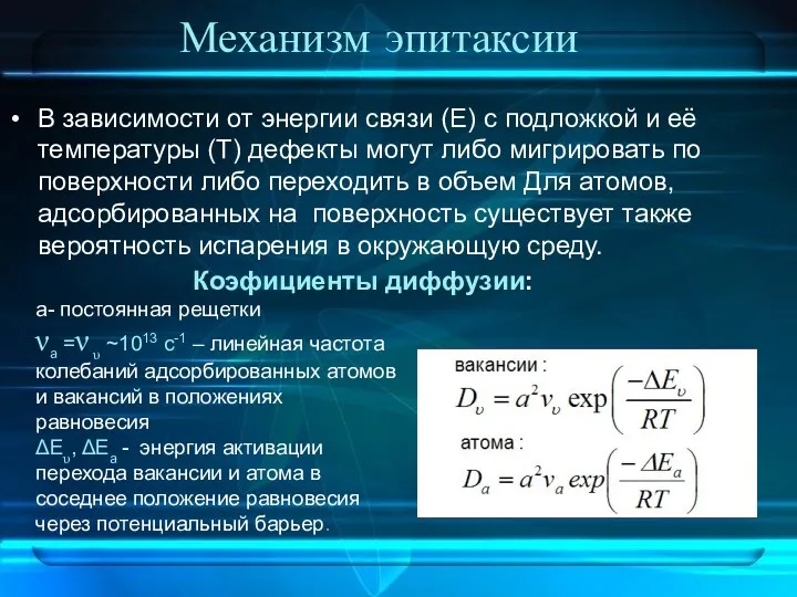 Механизм эпитаксии В зависимости от энергии связи (Е) с подложкой