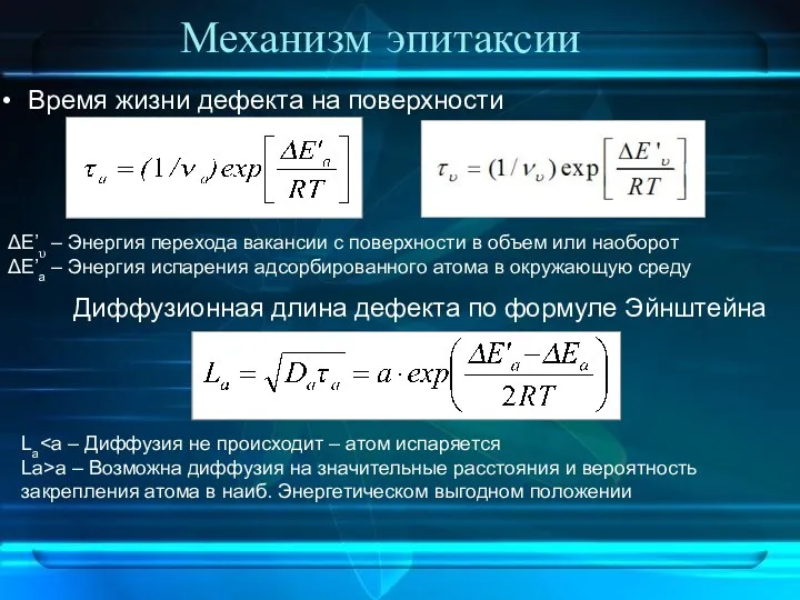 Механизм эпитаксии Время жизни дефекта на поверхности Диффузионная длина дефекта