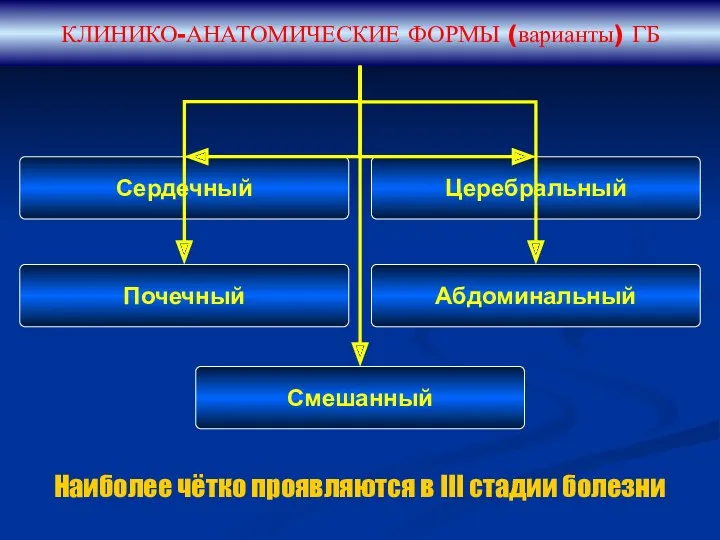 КЛИНИКО-АНАТОМИЧЕСКИЕ ФОРМЫ (варианты) ГБ Наиболее чётко проявляются в III стадии болезни Сердечный Церебральный Почечный Абдоминальный Смешанный