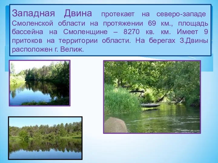 Западная Двина протекает на северо-западе Смоленской области на протяжении 69 км., площадь бассейна