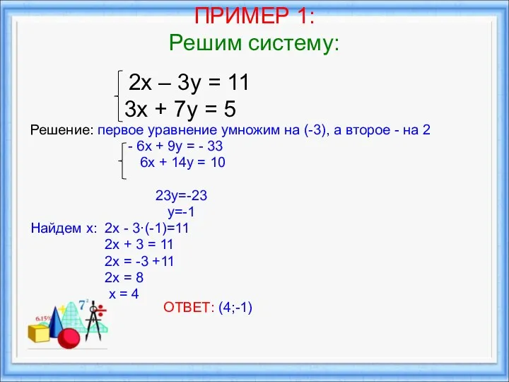 ПРИМЕР 1: Решим систему: 2х – 3у = 11 3х + 7у =