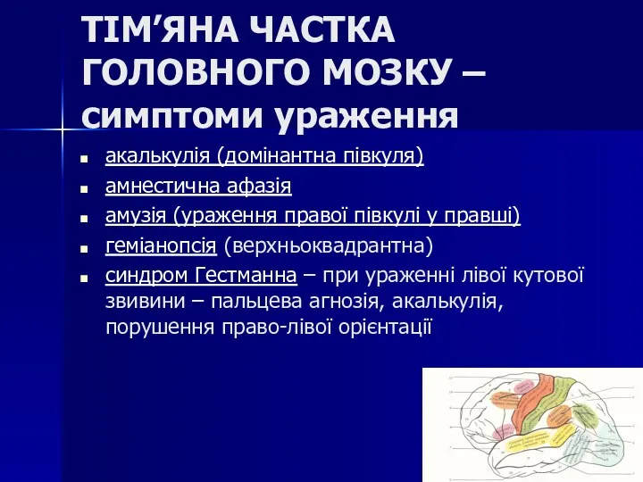 ТІМ’ЯНА ЧАСТКА ГОЛОВНОГО МОЗКУ – симптоми ураження акалькулія (домінантна півкуля)