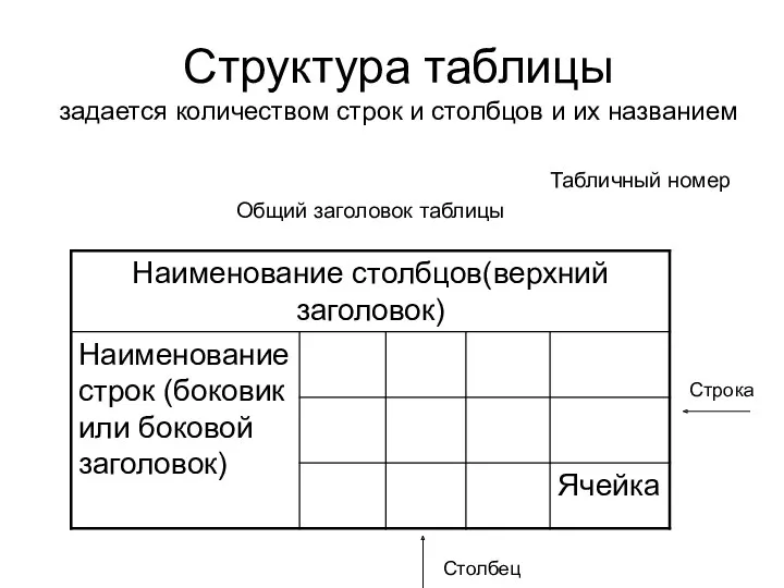 Структура таблицы задается количеством строк и столбцов и их названием