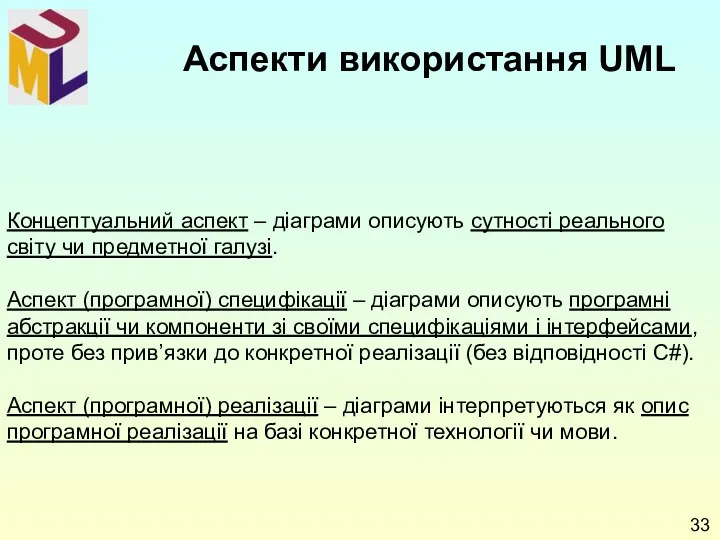 Концептуальний аспект – діаграми описують сутності реального світу чи предметної