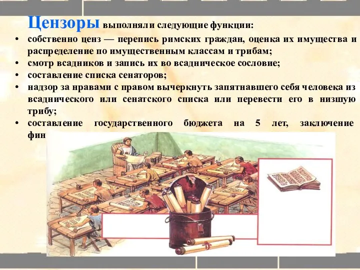 Цензоры выполняли следующие функции: собственно ценз — перепись римских граждан,