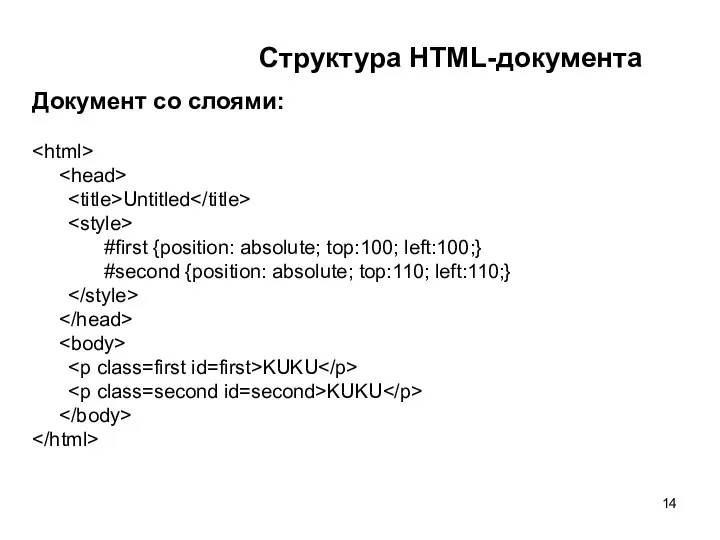 Структура HTML-документа Документ со слоями: Untitled #first {position: absolute; top:100; left:100;} #second {position: