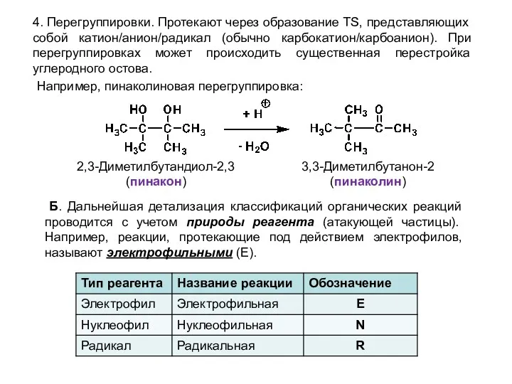 4. Перегруппировки. Протекают через образование TS, представляющих собой катион/анион/радикал (обычно