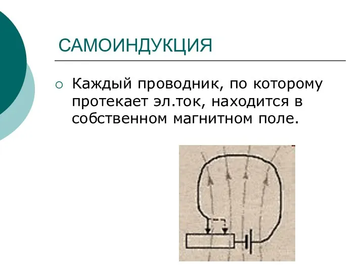 САМОИНДУКЦИЯ Каждый проводник, по которому протекает эл.ток, находится в собственном магнитном поле.