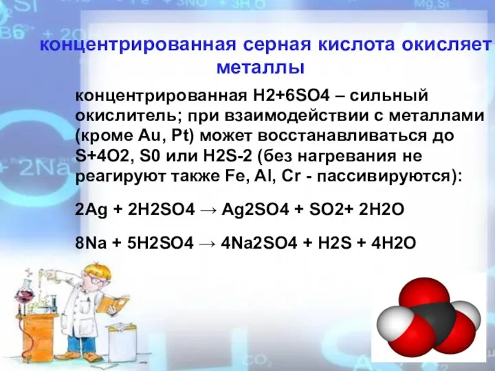 концентрированная серная кислота окисляет металлы концентрированная H2+6SO4 – сильный окислитель;